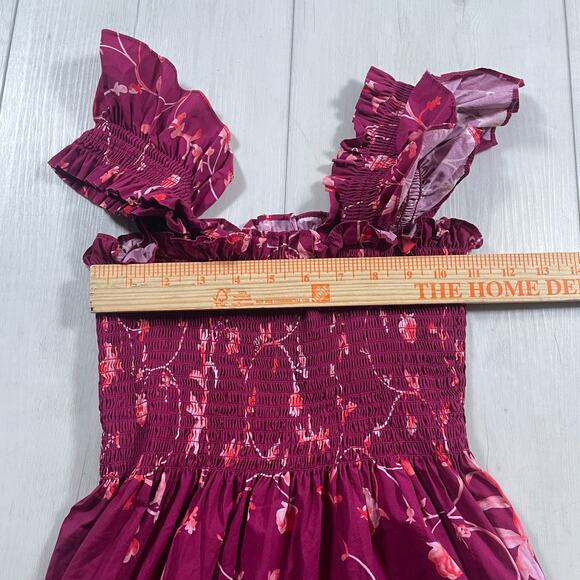 Hill House Home Women's XXS Ellie Nap Dress Midi Ruched Burgundy Floral Ruffle - Picture 11 of 11